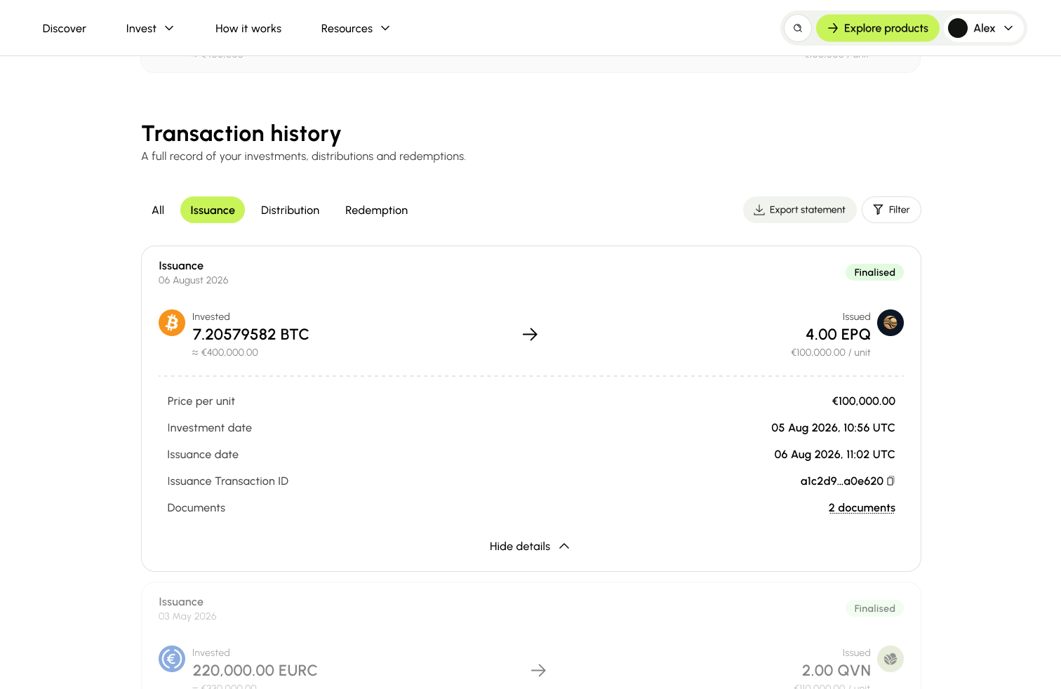 STOKR — transaction history screen